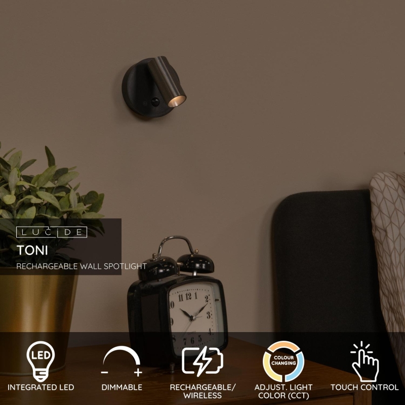 Lucide TONI - Rechargeable Wall spotlight / Wall light - Battery pack - Ø 8,1 cm - LED Dim. - CCT - 1x2W 2700K/4000K - Motion Sensor (deactivatable) - Magnetic - Coffee